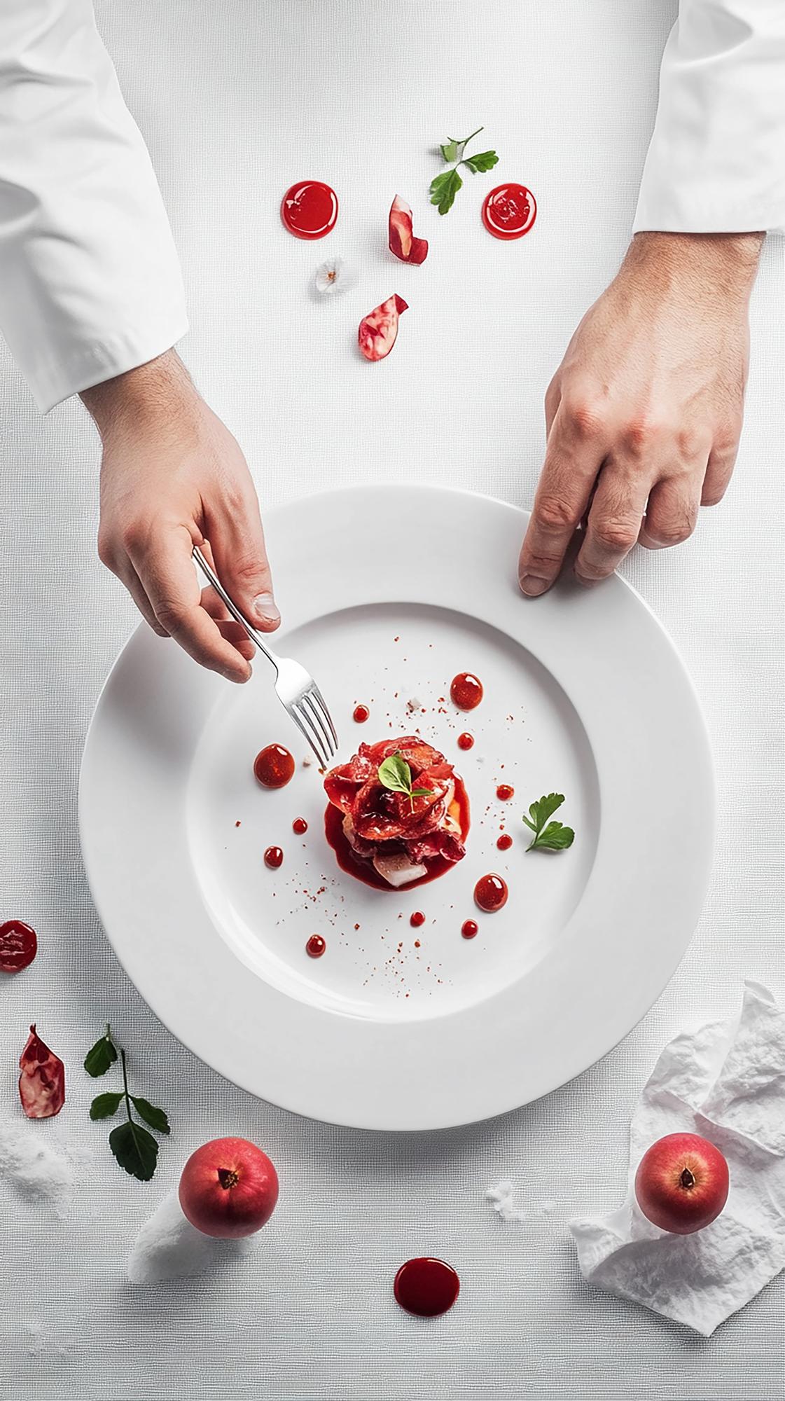 Chef arranging plated dish in studio kitchen